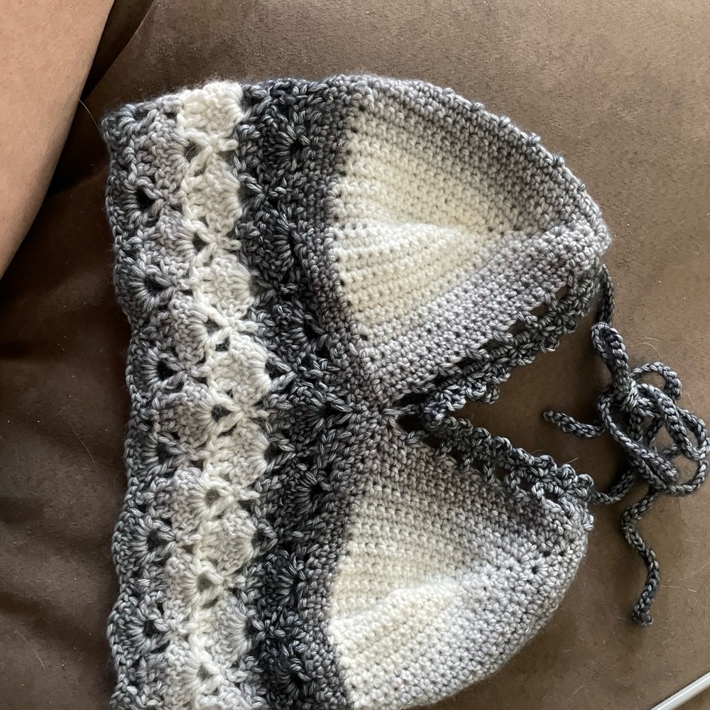 Handmade Crochet Bikini Top in Gray and Cream